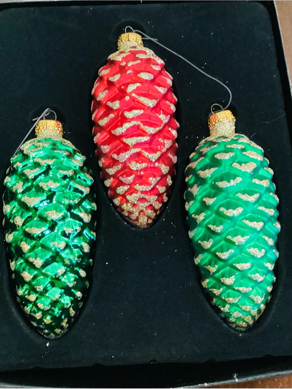 Festive Pinecone Ornament Trio - Red & Green with Gold Accents